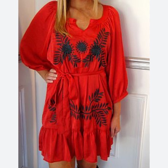 Uncle Frank Embroidered Long Sleeve Waist Tie Dress in Red Size Large - Picture 6 of 6